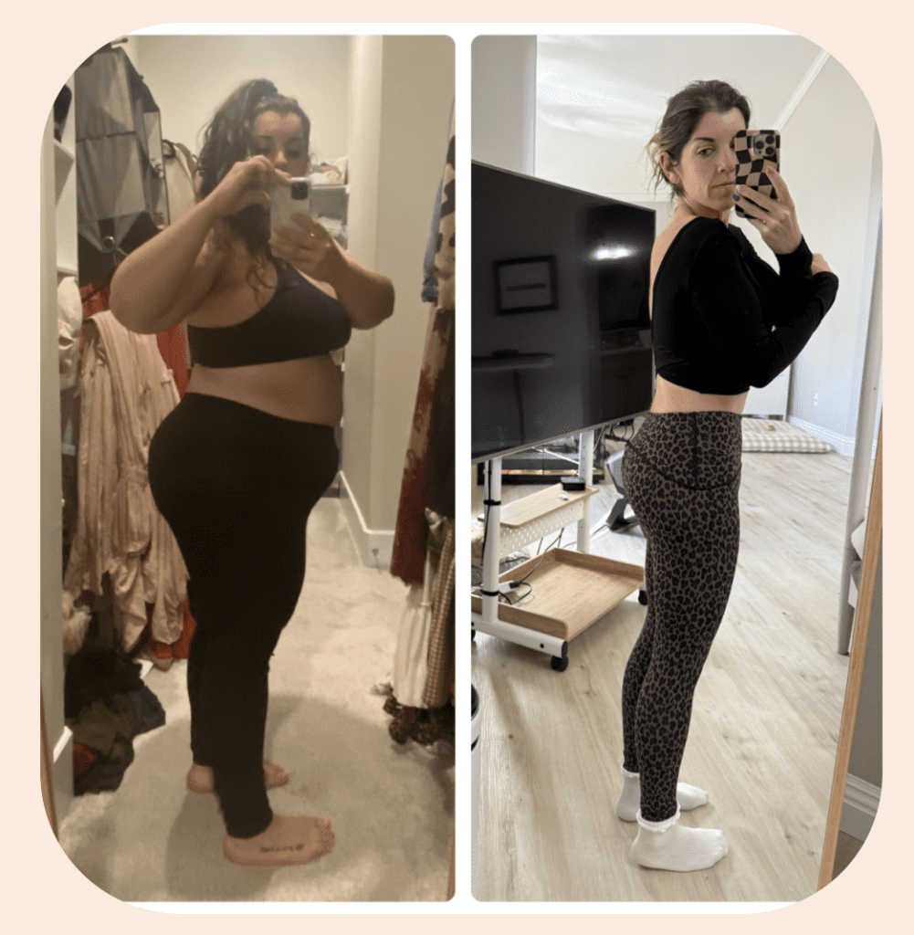 A before and after photo of an obese white girl on the left and she is down 155 lbs on the right. she is wearing a black workout set in each photo. 